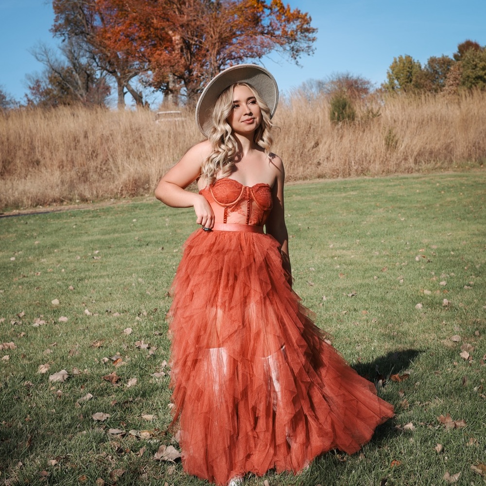 New Brimstone Bustier Maxi High Split Rust Tiered Gown Dress